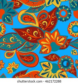 floral blue and orange seamless pattern