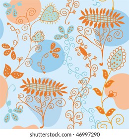 Floral blue and orange seamless pattern