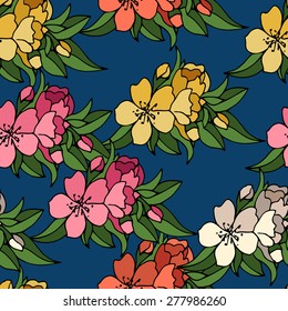 Floral blue pattern with bright flowers. Vector illustration