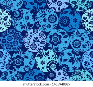 Floral blue pattern on blue circles, seamless, flat, vector. Fabulous decor. Color, floral ornament. 