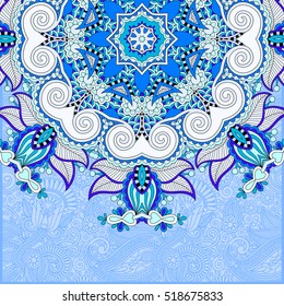 floral blue pattern in ukrainian oriental ethnic style for your greeting card or invitation, template frame design for card, vintage lace doily, vector illustration

