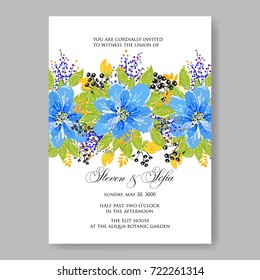 Floral blue peony wedding invitation card template