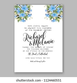 Floral blue sakura wedding invitation vector printable card/ Bridal shower bouquet wreath 