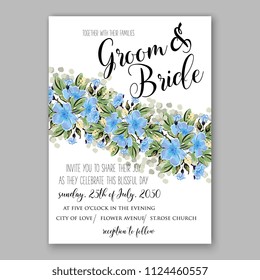 Floral blue sakura wedding invitation vector printable card/ Bridal shower bouquet wreath 