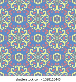 Floral blue seamless pattern. Bright background with colored flower elements for wallpapers, textile and fabrics