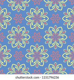 Floral blue seamless pattern. Bright background with colored flower elements for wallpapers, textile and fabrics