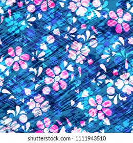 Floral blue  seamless  pattern with flowers. Chaotic crossing hatching lines. Vector illustration for fabric, textile, clothes, wallpapers, wrapping.