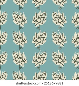 Floral blue seamless pattern with textured white flowers. Vector background, design, print