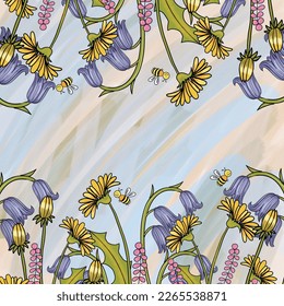 Floral bluebells and dandelions border. Hand drawing, illustration.  Flower Card for easter, birthday, women's day, birthday with wild flowers, vector