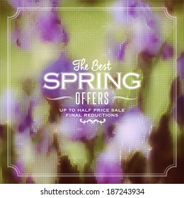 Floral blurred background with label for spring design. 