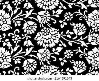 Floral bohemian ikat seamless pattern.  Ethnic floral , Indian  elements. vintage  black and white background.