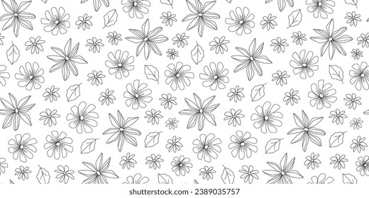 Floral bohemian seamless pattern. Line art flowers and leaves. Groovy summer and spring garden. Nostalgia vintage. Coloring book. Background, wrapping paper, digital paper.
