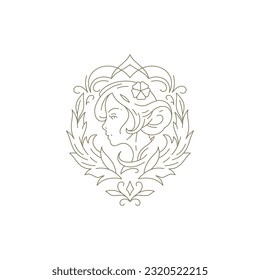 Floral bohemian woman portrait with botanical curved wreath beauty line logo vector illustration. Female face with flower hairstyle minimalist icon emblem for spa skin care cosmetology makeup