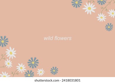 Floral boho card background hand drawn cartoon banner with blooming field wildflowers, daisies, cornflowers, grass flat vector illustration green motif trendy color. Template floret design backdrop