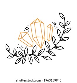 Floral boho outline composition wreath with gemstones, stars, branch leaves. Celestial graphic elements with plants. Mystical astrology vector doodle illustration. Design for card, poster, invitation