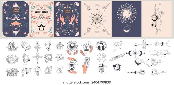 Floral Boho plants. Mystic cards. Retro graphic sun. Mystical and Esoteric Symbols Collection with Nature and Celestial Elements. Vector illustration