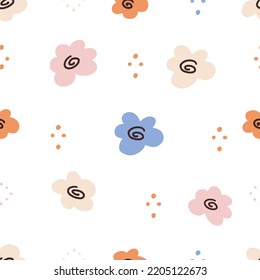 Floral boho seamless pattern with colorful daisies and polka dots on white background in doodle style. Cute minimalist flowers repating background. Scandinavian simple print. Vector trendy kids design