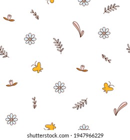 Floral boho seamless pattern, natural clipart for kids, cute nursery decor, neutral color illustration isolated on white background. Vector