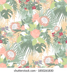 Floral boho patrón sin fisuras con flores y hojas tropicales. Sobre fondo blanco. Ilustración vectorial de material.