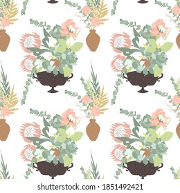 Floral boho seamless pattern with tropical flowers, leaves and bouquets in vases. On white background. Stock vector illustration.