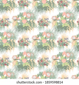 Floral boho seamless pattern with tropical flowers and leaves. On white background. Stock vector illustration.