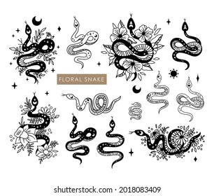 Floral boho snake isolated cliparts bundle, celestial reptile with sun and moon symbol, mystical space magic serpent and flowers silhouette, esoteric objects - black and white vector illustration