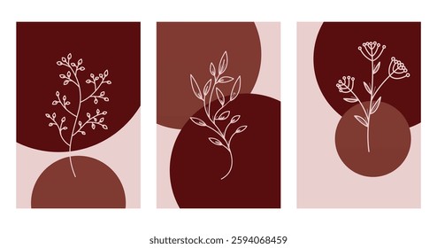 Floral boho wall art decor background illustration. Abstract nature boho botanical wall art background
