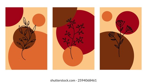 Floral boho wall art decor background illustration. Abstract nature boho botanical wall art background