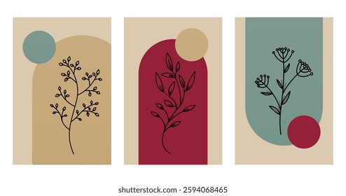 Floral boho wall art decor background illustration. Abstract nature boho botanical wall art background