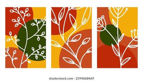 Floral boho wall art decor background illustration. Abstract nature boho botanical wall art background