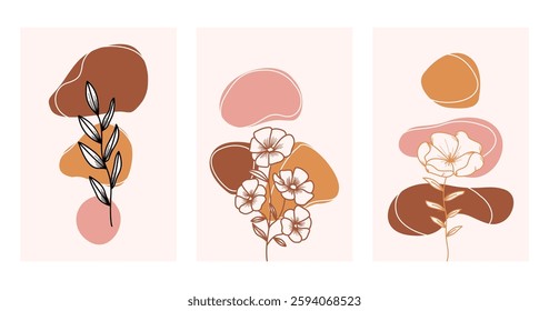 Floral boho wall art decor background illustration. Abstract nature boho botanical wall art background