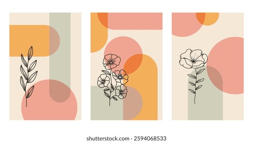 Floral boho wall art decor background illustration. Abstract nature boho botanical wall art background