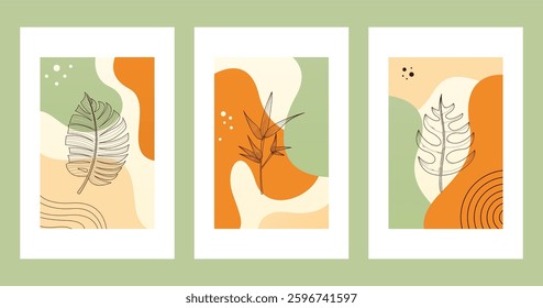 Floral boho wall art decor background illustration. Abstract nature boho botanical wall art background