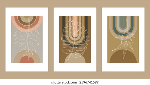 Floral boho wall art decor background illustration. Abstract nature boho botanical wall art background