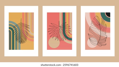 Floral boho wall art decor background illustration. Abstract nature boho botanical wall art background