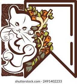 A floral bookmark, favorite, and save icon with kitten or cat drawing, which is formed by a partially transparent main shape with an adventurous theme and transparent inside the block.