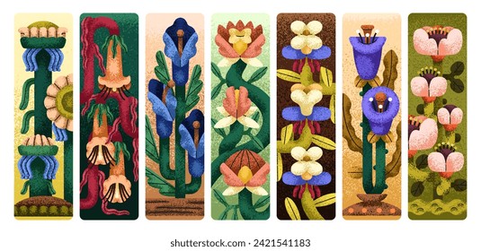 Floral bookmarks set. Botanical book marks designs, abstract flowers, leaf. Modern spring and summer flora, garden, blossomed blooms, vertical decorative cards for pages. Flat vector illustration