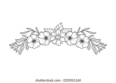 Floral border arrangement. Elegant composition with poppy and other flowers and leaves. Line art. Botanical design, greeting card or invitation design element. Vector illustration isolated on white.