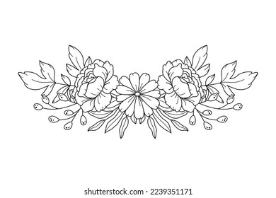 Arreglo fronterizo floral. Composición elegante con peones y flores y hojas de margarita. Arte de línea. Diseño botánico, tarjeta de felicitación o elemento de diseño de invitación. Ilustración vectorial aislada en blanco.