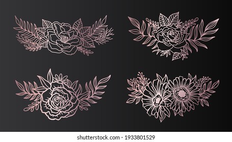 Floral border arrangement  elegant.Ink line style.Flower leaf botanical design.Vector illustration.