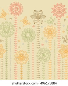 Floral border background made of many doodle flowers and butterflies. Seamless pattern. Vector illustration.