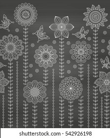 Floral border background made of many doodle flowers and butterflies. Seamless pattern. Vector illustration.