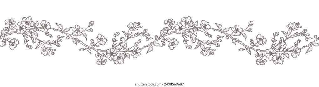 Floral border with blooming branches, leaves and flowers. Spring seamless horizontal background with beautiful hand drawn garland in line art style. Vector vintage illustration