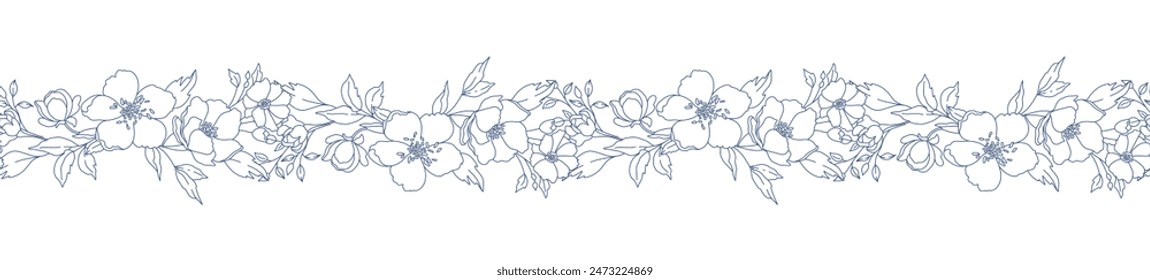 Floral border with blooming branches, leaves and flowers. Spring seamless horizontal background with beautiful hand drawn garland in line art style. Vector illustration