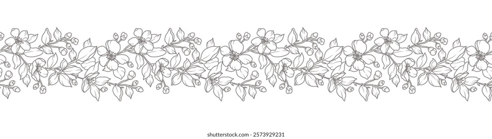 Floral border with blooming branches, leaves and flowers. Spring seamless horizontal background with beautiful hand drawn garland in line art style. Vector vintage illustration