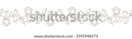 Floral border with blooming branches, leaves and flowers. Seamless horizontal background with beautiful hand drawn garland in line art style. Vector illustration