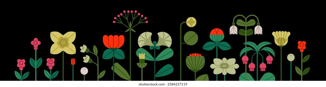 Floral border with blooming flowers. Horizontal summer nature decoration. Botanical design, decor. Banner background with garden and field blossoms, leaves panorama. Flat graphic vector illustration