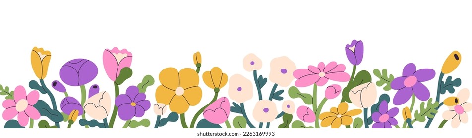 Floral border. Blossomed summer flowers, edge decoration, banner. Spring field and meadow blooming plants, beautiful wildflowers. Delicate floristic horizontal decor. Flat vector illustration