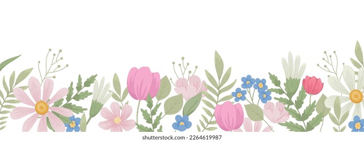 Floral border. Blossomed summer flowers, edge decoration, banner. Spring field and meadow blooming plants, beautiful wildflowers. Delicate floristic horizontal decor. Flat vector illustration.