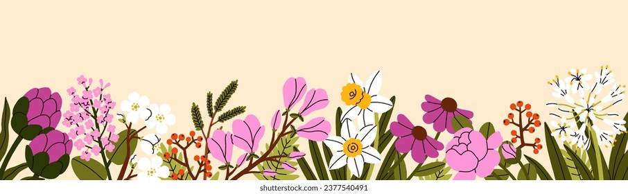 Floral border, botanical background. Blossomed nature banner. Spring and summer blooming plants, beautiful flora decoration, buds and leaves pattern, horizontal ornament. Flat vector illustration